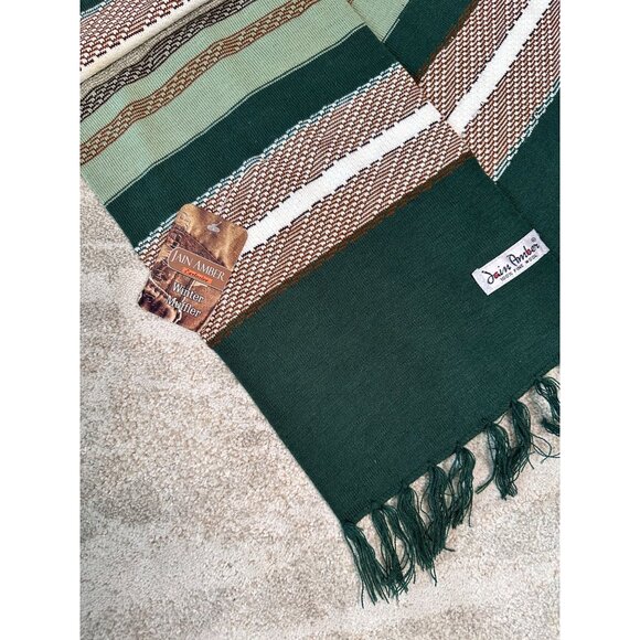 Jain Amber Woven 100% Fine Wool Striped Scarf Fringe Design In Green & Brown NWT - Picture 3 of 3